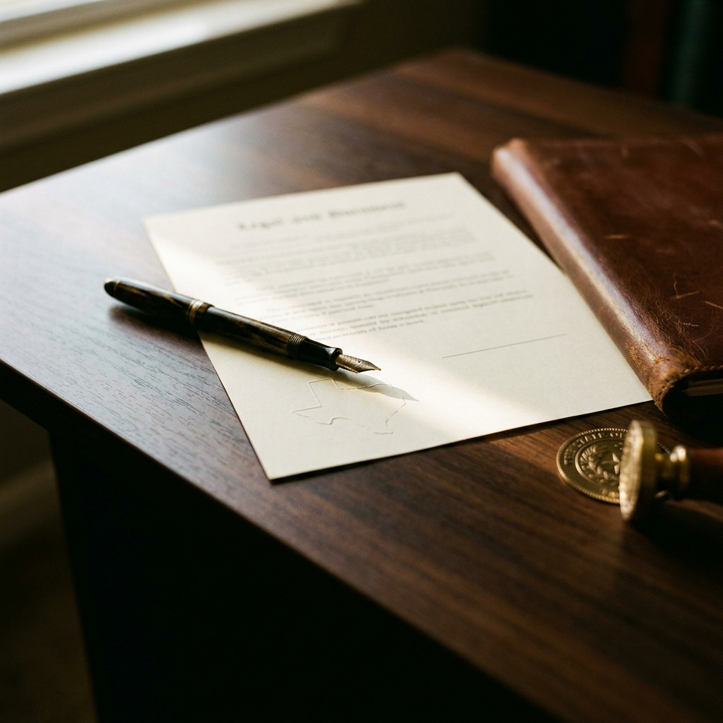 A fountain pen and Texas business formation documents on a walnut desk under warm window light