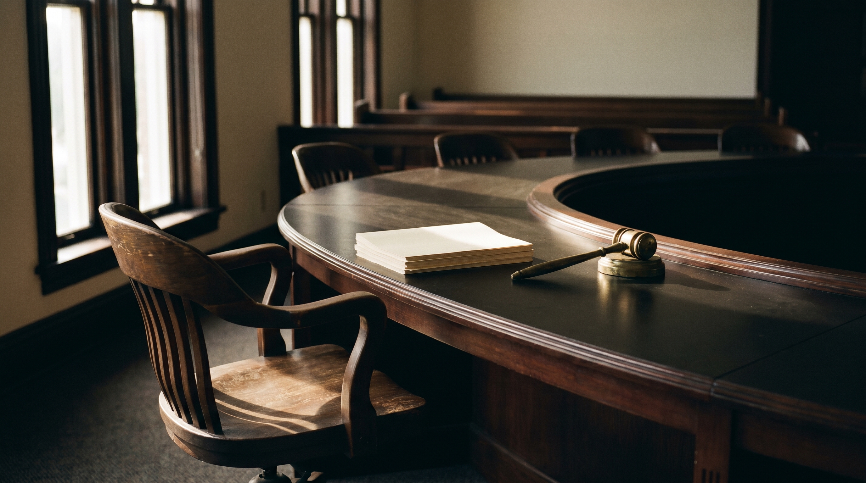 An empty Texas board chamber with sunlight angling across the table