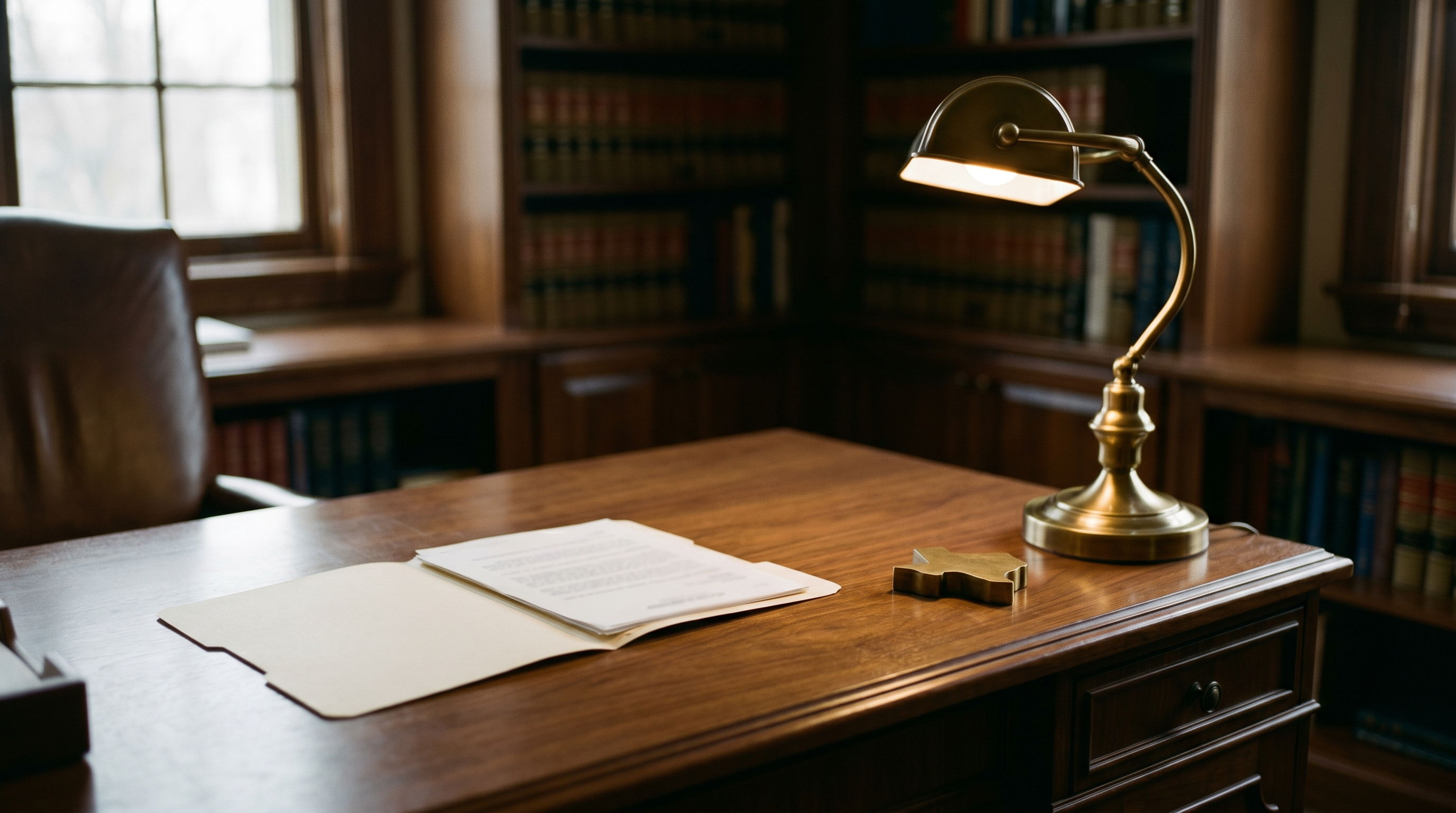 A folder of student evaluation files on a school administrator's desk under warm light