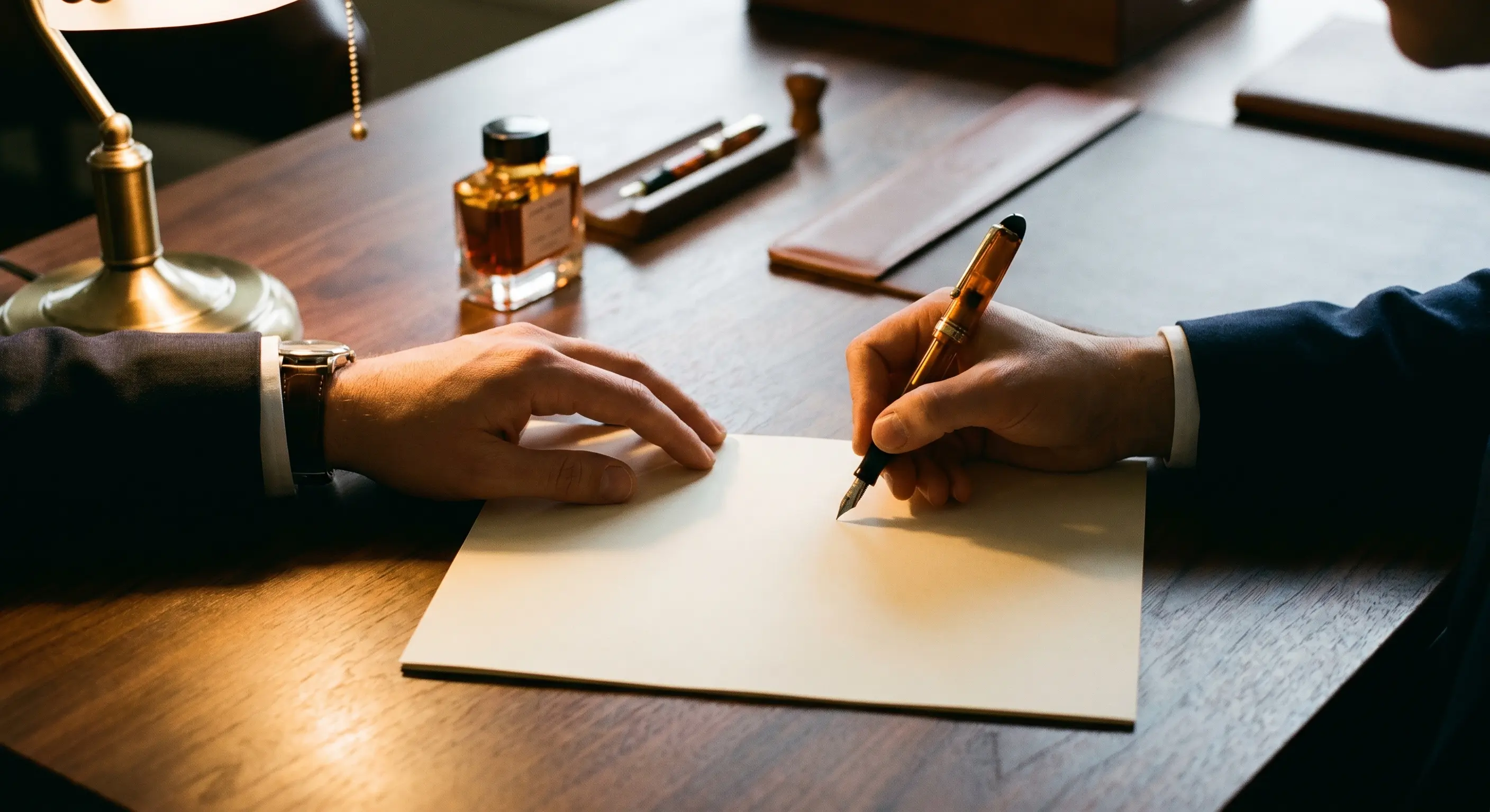 Hands signing a contract with a fountain pen on a walnut desk
